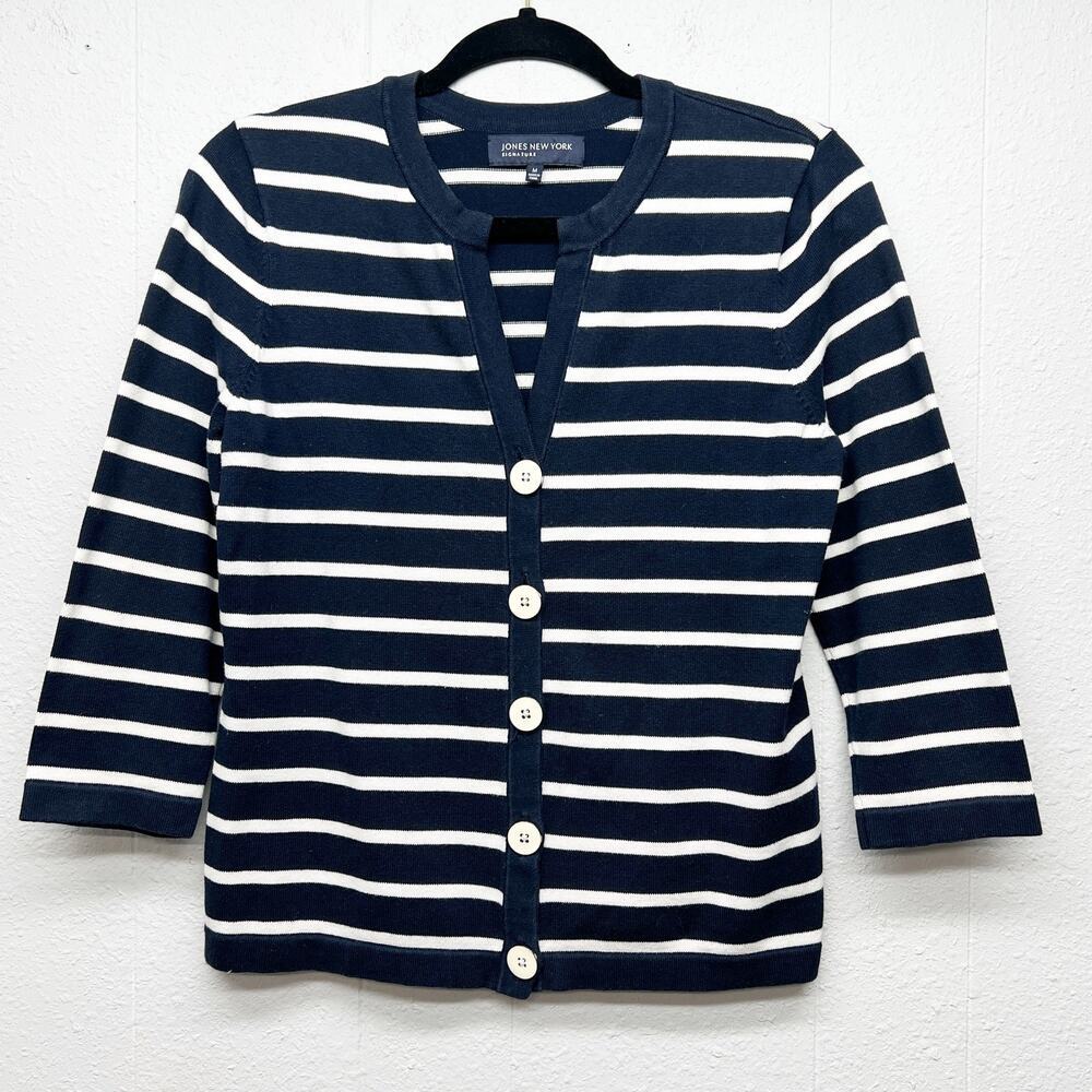 Jones New York Button Front Striped 3/4 Sleeve Cardigan Sweater Womens Medium